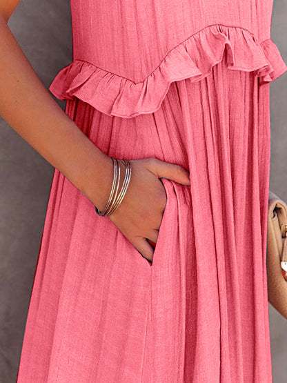 Romantic Ruffled Sleeveless Tiered Maxi Dress with Pockets Elegant & Chic Statement Beautiful Design Dress