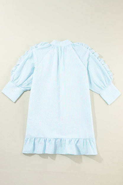 Blue Lightweight Ruffled Striped Mini Dress Chic Playful Dress for Women Charming Design Dress