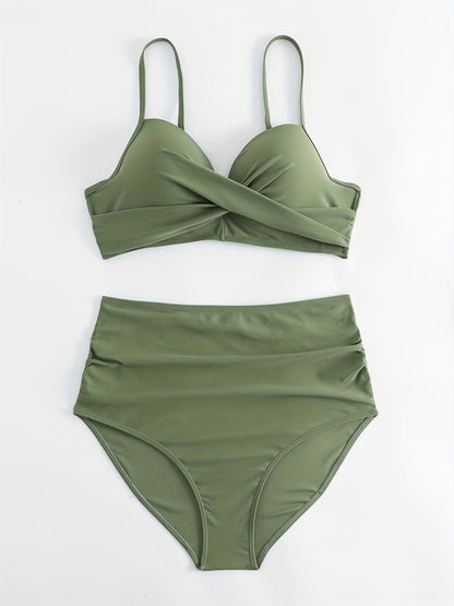 Tropical Vibe High Waist Bikini Set – Flirty V-Neck Swimsuit with Layered Colorblock High Cut Bottom Crisscross Strap Detail & Ultra-Stretch Comfort – Women's Two Piece Swimwear for Summer Beach Pool & Vacation Fun