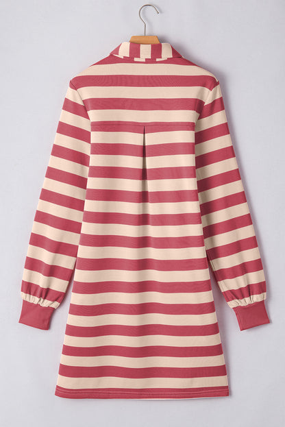Classic Contrast Black Striped Collar Long Sleeve Mini Dress Stylish & Trendy Casual Dress for Women