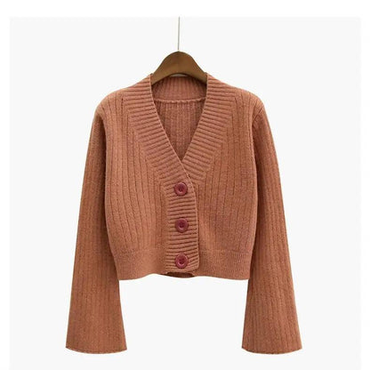 Elegance Cardigan Autumn Long Flare Sleeve Short Sweater Women Ribbed Knitted Cotton Tops Black White Ladies Soft Outwear Female