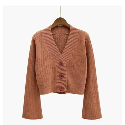 Elegance Cardigan Autumn Long Flare Sleeve Short Sweater Women Ribbed Knitted Cotton Tops Black White Ladies Soft Outwear Female
