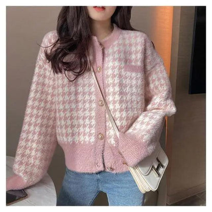 Elegance Short Sweater Cardigan Jacket For Women Modern Imitation Mink Fleece Knitwear Tops Vintage O-neck Knitted Coats