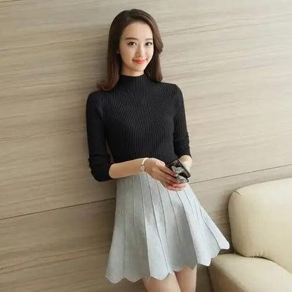 Elegance Solid White and Black Tops,Sweaters Winter Long Sleeve Turtleneck Pullovers Women's Sweaters Female Clothing