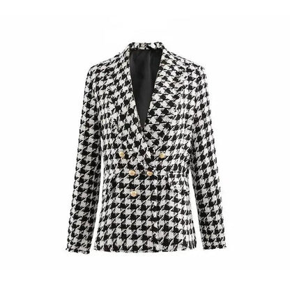 Elegance Women Tweed Jackets Fashionable Office Ladies Black Tassel Houndstooth Coats Female Autumn Vintage Thick Plaid Coat Girls Chic
