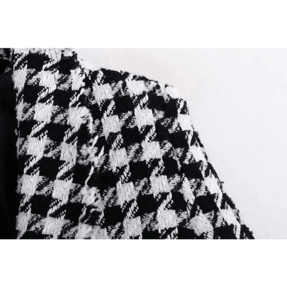 Elegance Women Tweed Jackets Fashionable Office Ladies Black Tassel Houndstooth Coats Female Autumn Vintage Thick Plaid Coat Girls Chic