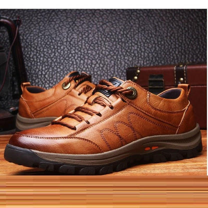 Elegant Black Leather Mens Business Boots Platform Winter Sneakers Without Lace Safety Shoe Quick-Drying Tactical Shoe Comfortable Sneaker Hiker Lightweight Ankle Motorcycle Mountain Running Short Boot