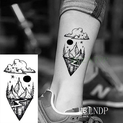Elegant Black Waterproof Temporary Tattoo Stickers Moon Hill Modern Body Art Stickers Hand Foot High Quality For Womens