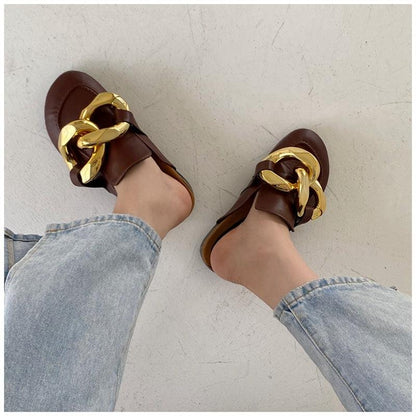 Elegant Metal Chain Design Women Slipper Closed Toe Slip On Shoes Round Toe Low Heels Casual Slides Shoes Flats Loafer Gold Chain Casual Shoes Slip On Women's Slide Sandals Slipers