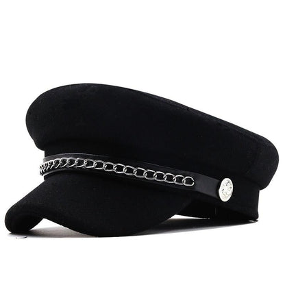 Elegant Winter Chain Black Military Berets For Women Female Flat Army Cap Women's Octagonal Beret Cap Luxury Beret Hat Girl Travel Berets Ladies Comfortable Autumn Cap