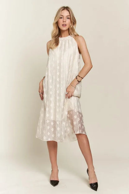 Applique Pearl Detail Grecian Neck Midi Dress For Women, Elegant Grecian Neck Dress with Applique Pearl Detailing for Formal Occasions & Galas