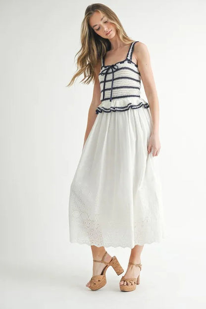 Crochet Stripe Knit Eyelet Mix Midi Dress – Crochet Midi Dress, Stripe Knit Dress, Eyelet Mix Dress, Trendy Midi Dress, Versatile Midi Dress