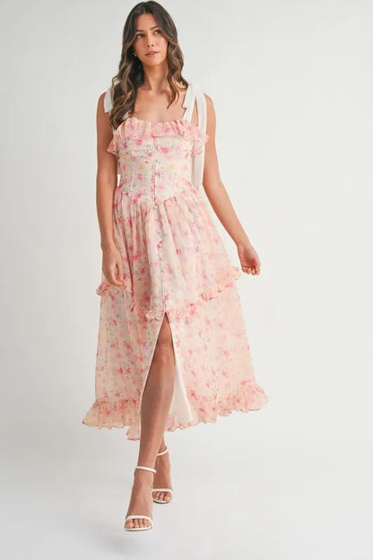 Floral Printed Shoulder Strap Midi Dress For Women – Floral Midi Dress, Shoulder Strap Dress, Ruffled Midi Dress, Feminine Floral Dress, Elegant Occasion Dress