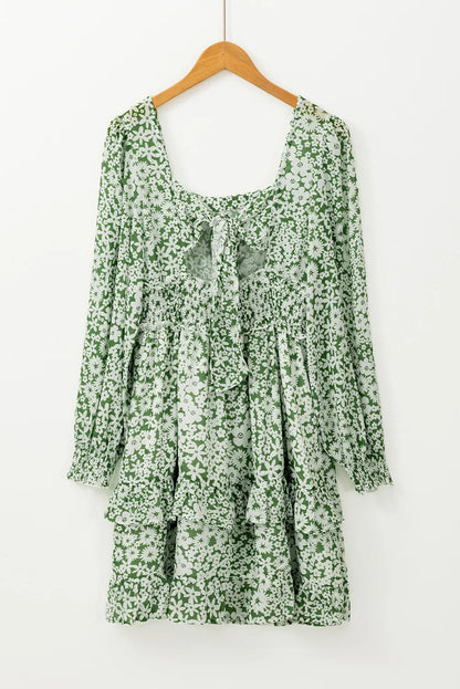 Elegant Ruffle Hem Floral Mini Dress Square Neck Long Sleeve Romantic Dress