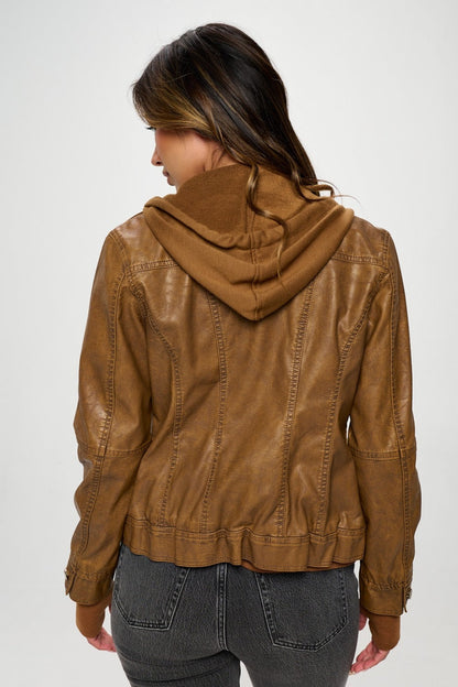 Coalition LA Double Zip Hooded Long Sleeve Vegan Leather Jacket for Women Stylish and Functional Outerwear