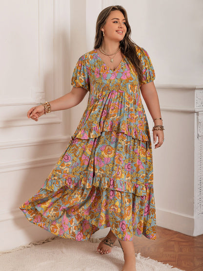 Plus Size Printed V-Neck Short Sleeve Maxi Dress Elegant & Flowy Summer Dress For Girls