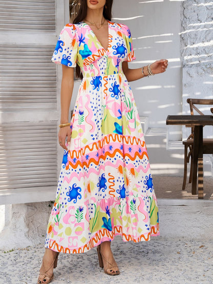 Elegant Printed V-Neck Short Sleeve Maxi Dress Beautiful Casual Women Long Dress
