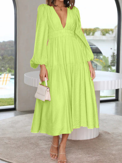 Lightweight Deep V-Neck Balloon Sleeve Maxi Dress Elegant & Flowing Silhouette Unique Dress