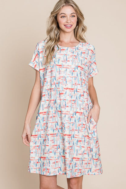 Printed Round Neck Short Sleeve Tee Dress For Women – Casual and Comfortable Dress with Printed Design and Pockets