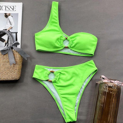 Modern Design Bikini Set One Shoulder Women's Swimsuits High Waist Bright Color Swimwear Women Rings Ribbed Bikinis Women's Ribbed O-Ring String Bikini Swimsuit Comfortable Swimwear