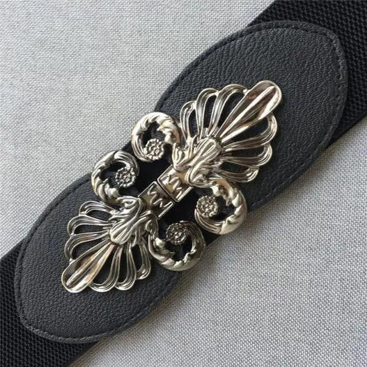 Fashion Black Metal Flower Design Buckle Wide Leather Strap Belt For Women Vintage Women Plus Size Decorative Elastic Waistbands