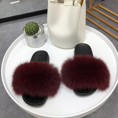 Fashion Fox Fur Slippers Women Home Fluffy Comfort Summer Flats Sweet Shoes Indoor Flip Flops Fur Slides Elegant Sandals Lightweight House Slippers Fuzzy Band Slip On Open Toe Slippers