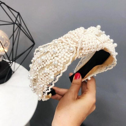 Fashion Girls Pearl Hairband White Black Lace Headband Women Artificial Pearls Hair Hoop Middle Knot Hair Accessories Gorgeous Hair Accessories For Women