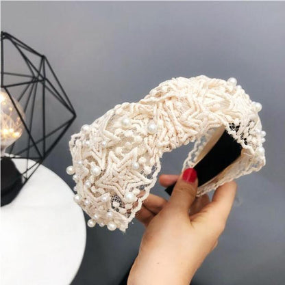 Fashion Girls Pearl Hairband White Black Lace Headband Women Artificial Pearls Hair Hoop Middle Knot Hair Accessories Gorgeous Hair Accessories For Women