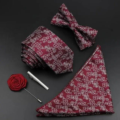 Fashion Red Business Necktie Matching Bowtie Flower Vintage Design Set For Men Self-Tie Bow Tie And Pocket Square Classic Business Tuxedo Wedding Bowties Handkerchief Set Men Necktie And Pocket Square Set