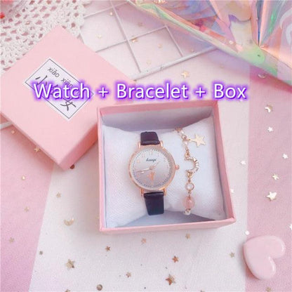Fashion Set Bracelet Watch Leather Strap Watch Cute Cat Dial Girl Watch Children Quartz Watch Couple Watch Gift Set Valentines Romantic Lovers Watch For Man Woman Leather Strap