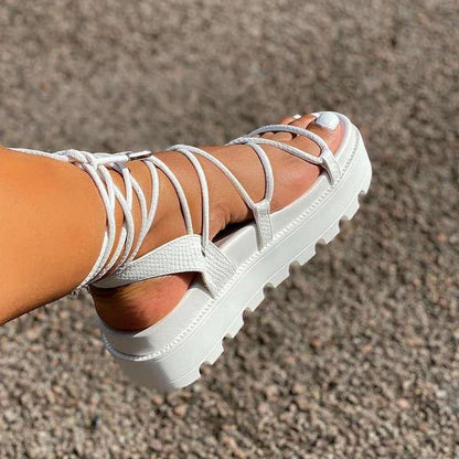 Fashion Woman White Sandal Shoes Lace Up Platform Shoe Women Cross Straps Boots Thick Bottom Sandals Summer Sandals Adjustable Crossed Strappy Comfy Casual Outdoor Party Sandal