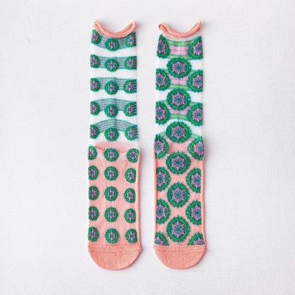 Fashion Women Socks New Spring Summer Mesh Thin Long Printed Socks Women Casual Breathable Fresh Flower Socks Korea Style Color Thin Socks For Women