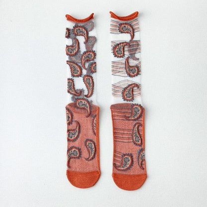 Fashion Women Socks New Spring Summer Mesh Thin Long Printed Socks Women Casual Breathable Fresh Flower Socks Korea Style Color Thin Socks For Women