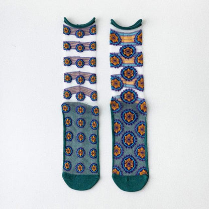 Fashion Women Socks New Spring Summer Mesh Thin Long Printed Socks Women Casual Breathable Fresh Flower Socks Korea Style Color Thin Socks For Women