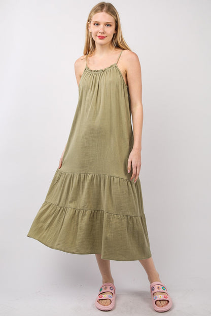 Ruffled A-Line Midi Cami Dress – Ruffled Midi Dress, A-Line Cami Dress, Feminine Ruffled Dress, Summer Cami Dress, Comfy Cotton Dress, Sleeveless Midi Dress, Breezy Casual Dress