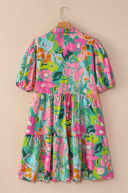 Floral Printed Collared Neck Puff Sleeve Mini Dress Vintage-Inspired Unique Colorful Dress