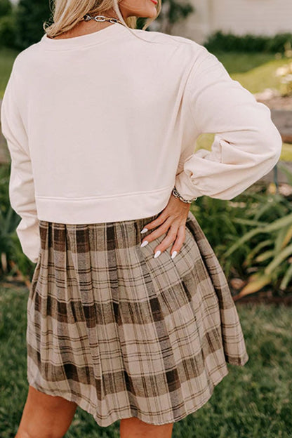 Vintage Plaid Round Neck Long Sleeve Mini Dress Cozy & Stylish Dress Retro Design Dress For Party