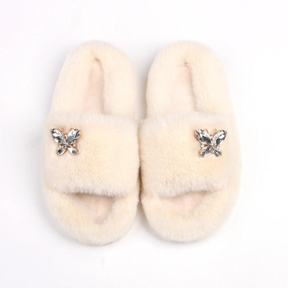 Fluffy Slippers Rhinestone Butterfly Faux Fur Slides Women Sandals Platform Flip Flops Crystal Indoor Slippers Faux Fur Slippers Comfy Open Toe Two Slides Lining And Rubber Sole