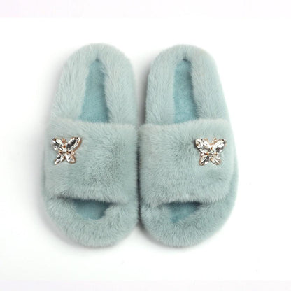 Fluffy Slippers Rhinestone Butterfly Faux Fur Slides Women Sandals Platform Flip Flops Crystal Indoor Slippers Faux Fur Slippers Comfy Open Toe Two Slides Lining And Rubber Sole