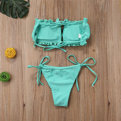 Folds Bikini Women Swimwear Bathing Suit Women's Ruffle Tie Side Bikini Set High Cut Strapless Padded Solid Bathing Suit Bikini Micro Swimsuit Female Push up Two-Piece Suit Summer