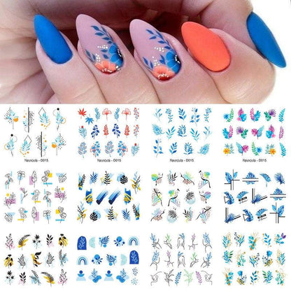 Geometrics Blue Flower Leaves Water Decals Stickers Special Floral Transfer Slider For Nails Decoration Nail Art Stickers Black White Flower Palm Leaf Nail Self-Adhesive Decals Nail Stickers Water Transfer Fresh Nail Decals for Nail Art Butterfly Palm