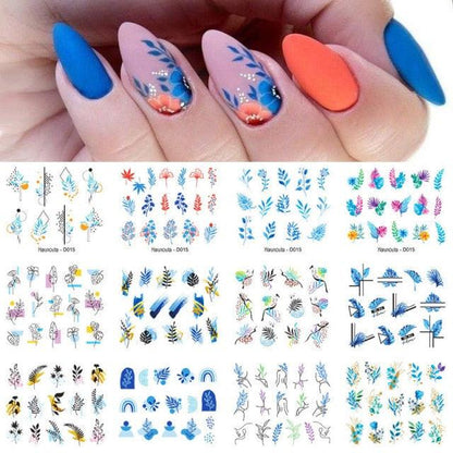 Geometrics Blue Flower Leaves Water Decals Stickers Special Floral Transfer Slider For Nails Decoration Nail Art Stickers Black White Flower Palm Leaf Nail Self-Adhesive Decals Nail Stickers Water Transfer Fresh Nail Decals for Nail Art Butterfly Palm