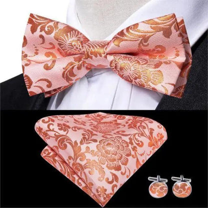 Green Color Silk Butterfly Pre-Tied Bow Tie Pocket Square Cufflinks Suit Set For Men Silk Adjustable Self Bowtie Formal Bowtie Set
