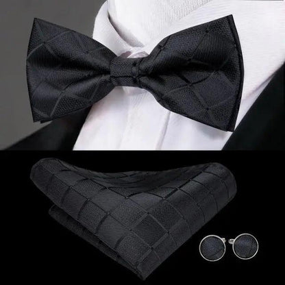 Green Color Silk Butterfly Pre-Tied Bow Tie Pocket Square Cufflinks Suit Set For Men Silk Adjustable Self Bowtie Formal Bowtie Set