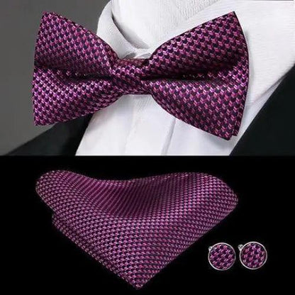 Green Color Silk Butterfly Pre-Tied Bow Tie Pocket Square Cufflinks Suit Set For Men Silk Adjustable Self Bowtie Formal Bowtie Set