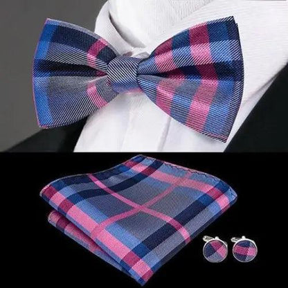 Green Color Silk Butterfly Pre-Tied Bow Tie Pocket Square Cufflinks Suit Set For Men Silk Adjustable Self Bowtie Formal Bowtie Set