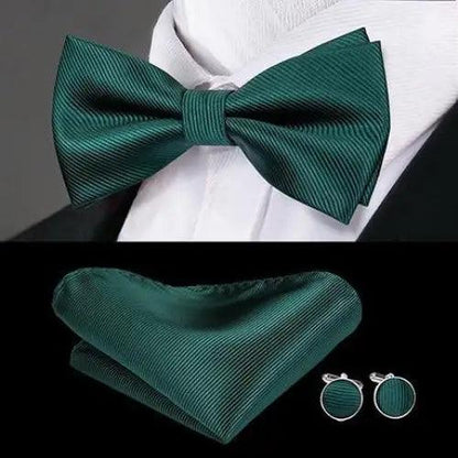 Green Color Silk Butterfly Pre-Tied Bow Tie Pocket Square Cufflinks Suit Set For Men Silk Adjustable Self Bowtie Formal Bowtie Set
