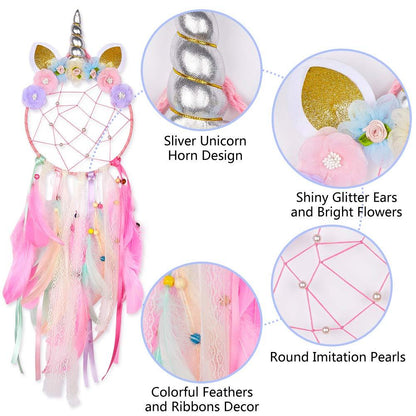 Handmade  Dream Catchers Flower For Kids Unicorn Dream Catcher Ornament  Feather Wall Decor For Girls Bedroom Flower Wall Hanging Decoration Flower Dream Catcher