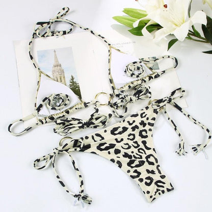 Handwork Bikinis Small Ruffle Swimsuit Vintage Print Swimwear Women Bathing Suit Leopard Patchwork Bikini Set String