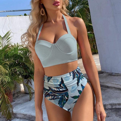 High Waist Bikini Leaf Print Swimsuit Women Push Up Swimwear Female Halter Bathing Suit Vintage Swimming Suit Women Vintage Underwire High Waist Swimsuit Two Pieces Halter Lace Up Adjustable Bikini Top
